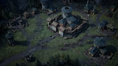 Walled settlement seen from above in War for Westeros, with troops gathered at the gate