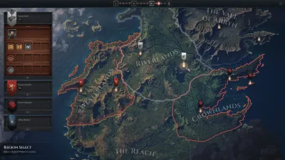 Campaign map of Westeros with region select panel listing Riverlands, Crownlands and The Reach