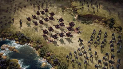 Two War for Westeros armies drawn up on either side of a river crossing