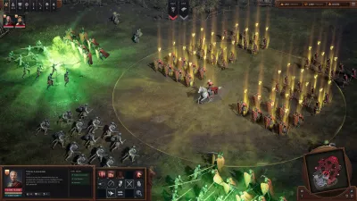 Two armies meeting on a battlefield in War for Westeros with ability markers and unit panels on screen