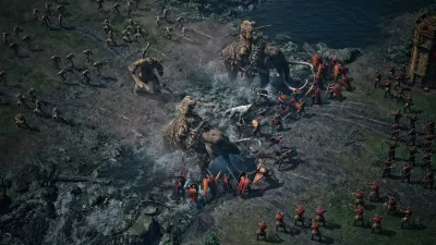 Large War for Westeros battle line with war beasts pushing through infantry on an open field