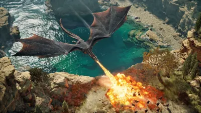 Dragon breathing fire over a coastal lake in War for Westeros