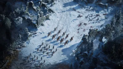 Army column marching through a snow-covered mountain pass in War for Westeros