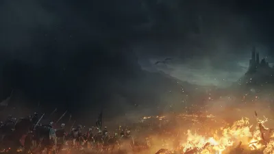 Official War for Westeros key art with armies and fire on the battlefield